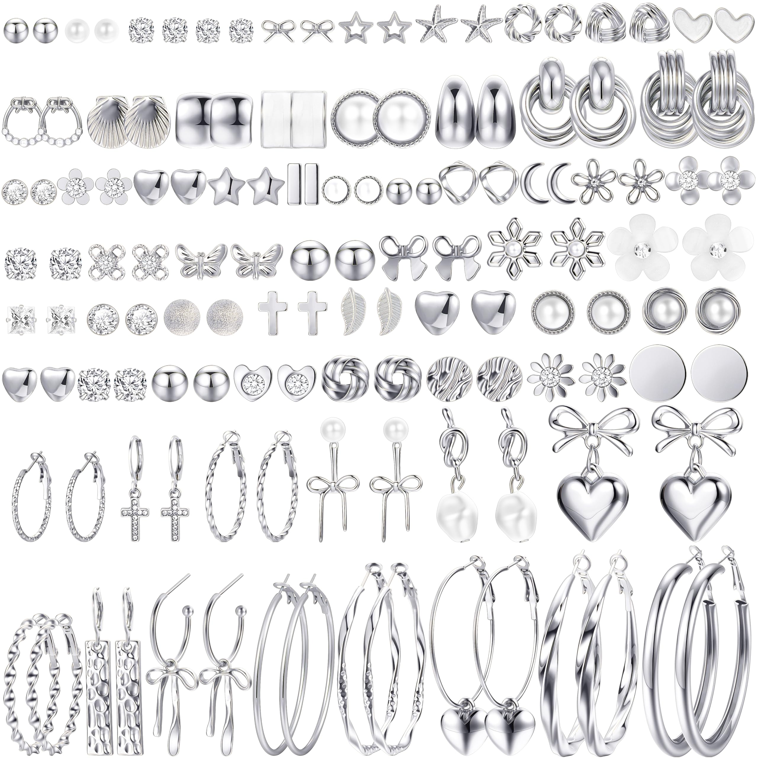 75 Pairs Gold Stud Earrings Set for Women, Trendy Hypoallergenic Pearl Cubic Zirconia Multiple Piercings Earrings Packs, Stud Hoops Earrings for Gift Jewelry