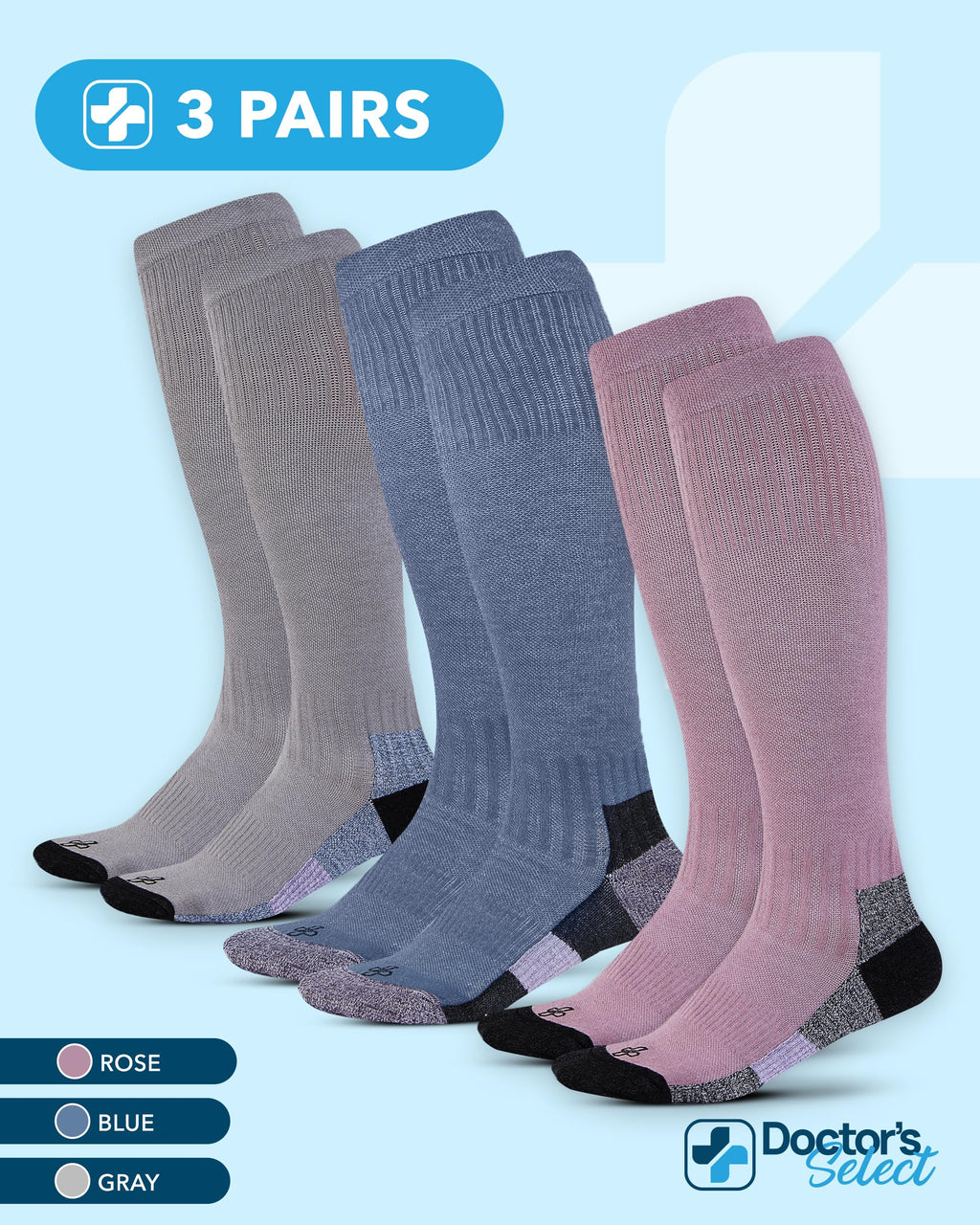 Doctor's Select® Bamboo Viscose Light Compression Socks for Women & Men - 3 Pairs, Knee High Comfort and Support, 8-15 mmHg Compression Socks Women, Gray, Blue, Rose