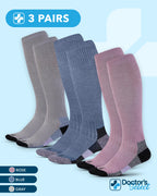Doctor's Select® Bamboo Viscose Light Compression Socks for Women & Men - 3 Pairs, Knee High Comfort and Support, 8-15 mmHg Compression Socks Women, Gray, Blue, Rose