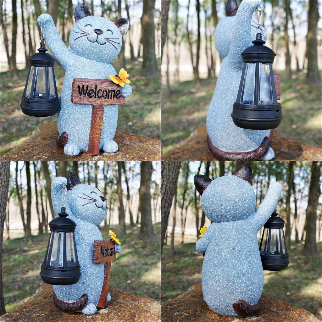 Juegoal Garden Statue Solar Cat Figurine with LED Lantern, Mothers Day 10" Resin Kitten Hold Welcome Sign, Outdoor Whimsical Lawn Porch, Lighted Housewarming Birthday for Mom Grandma