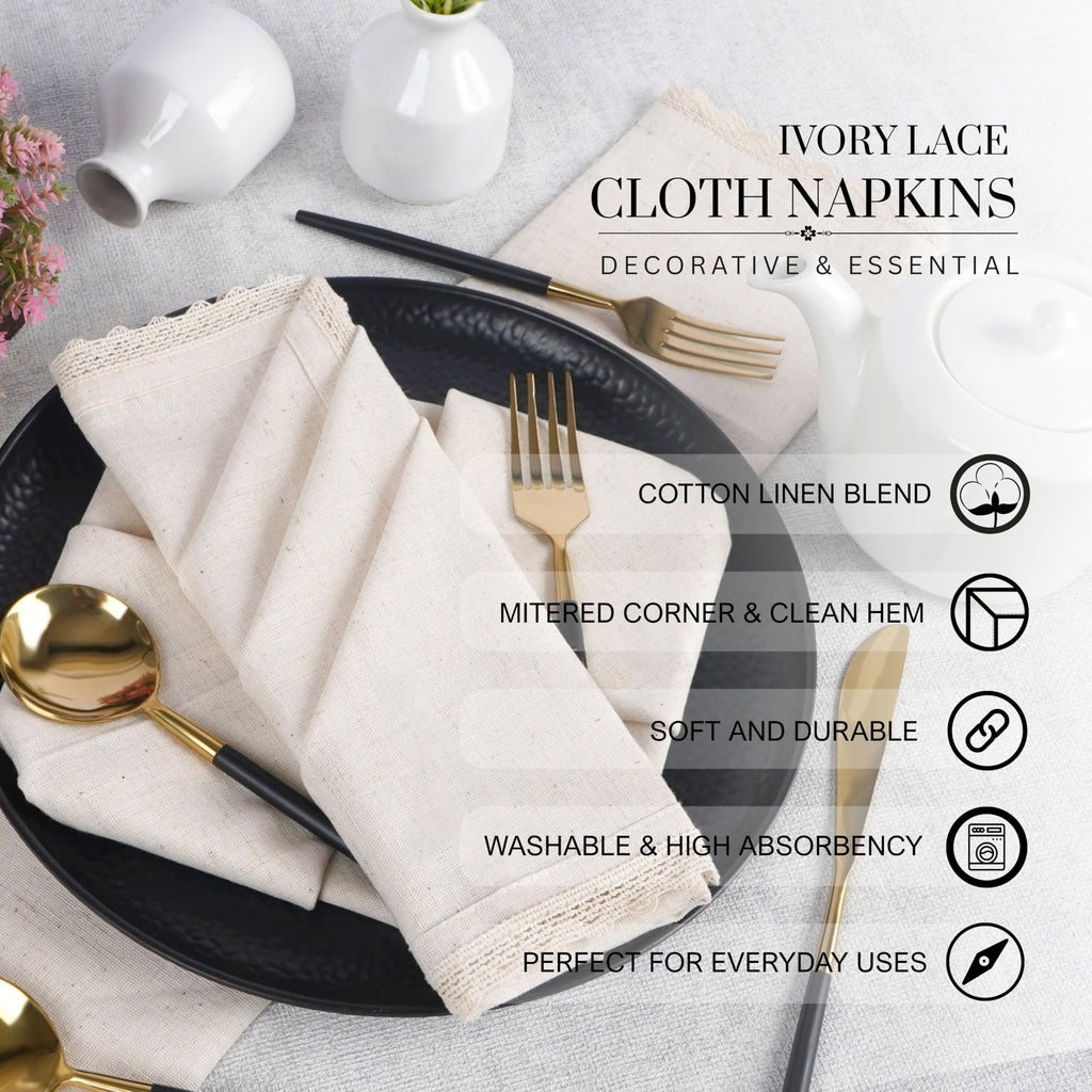 FINGERCRAFT Lace Cloth Napkins, Cotton Linen, 12 Pack, 20x20 Inch, Ivory