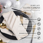 FINGERCRAFT Lace Cloth Napkins, Cotton Linen, 12 Pack, 20x20 Inch, Ivory