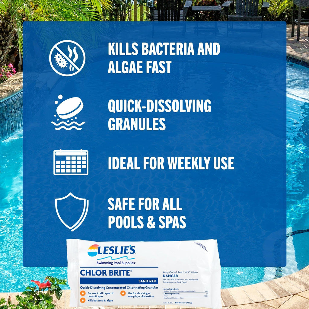 Leslie's Chlor Brite Swimming Pool Sodium Granular Chlorine – 99% Sodium Dichlor Sanitizer for Crystal Clear Water – Defends Against Bacteria, Algae, and Microorganisms - 8 Pound
