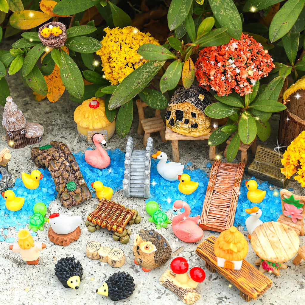Ailefentene 84 Pcs Fairy Garden Accessories, Miniature Village Starter Kit with Moss Model Tree Tiny Resin Animal Figures, DIY Bonsai Micro Landscape Ornament for Terrarium Succulent Dollhouse Craft