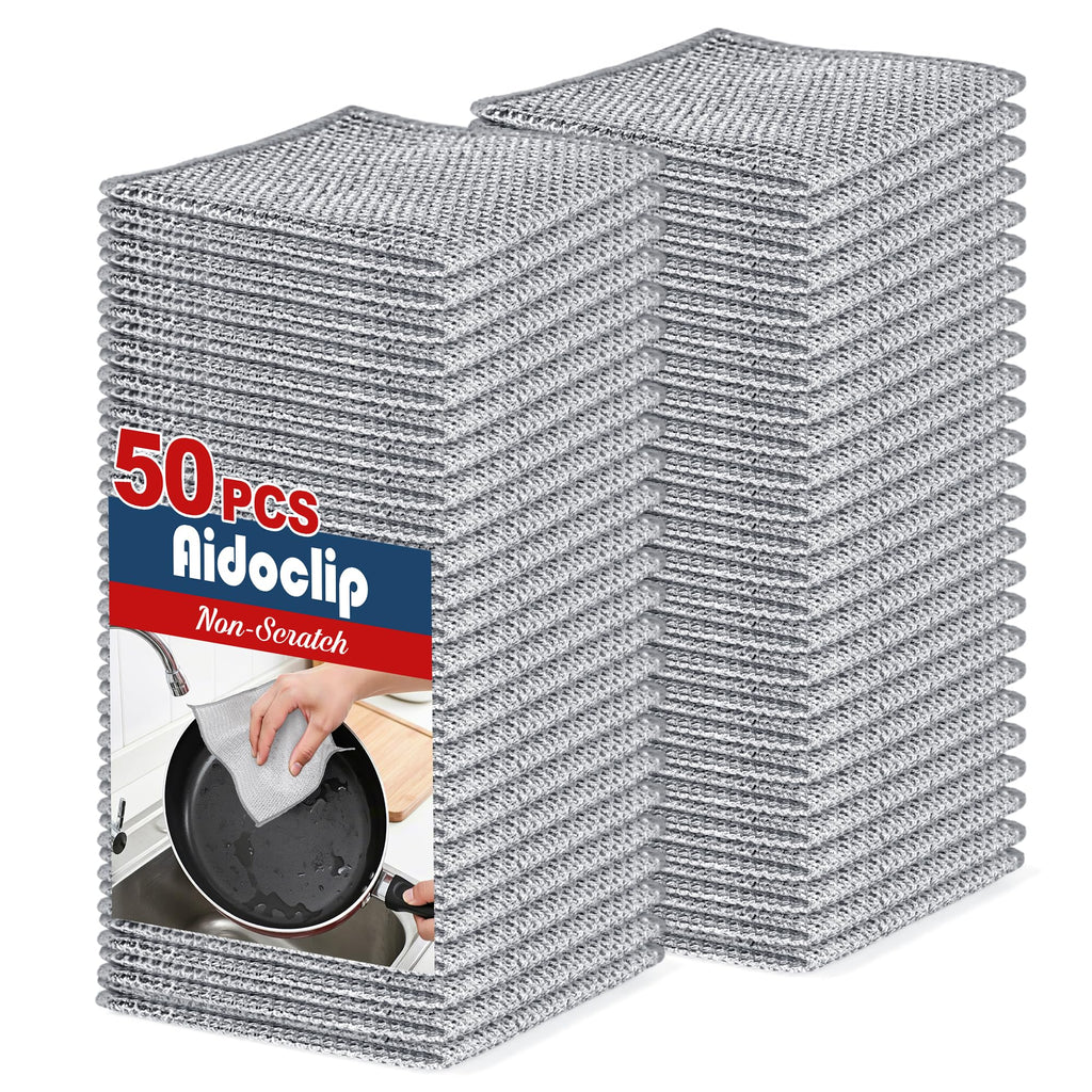 Aidoclip Non-Scratch Steel Wool Dishcloth - 50PC Set, Multi-Use Kitchen Scrubbers, Durable Cleaning Pads for Wet & Dry Use Grey (50pcs)