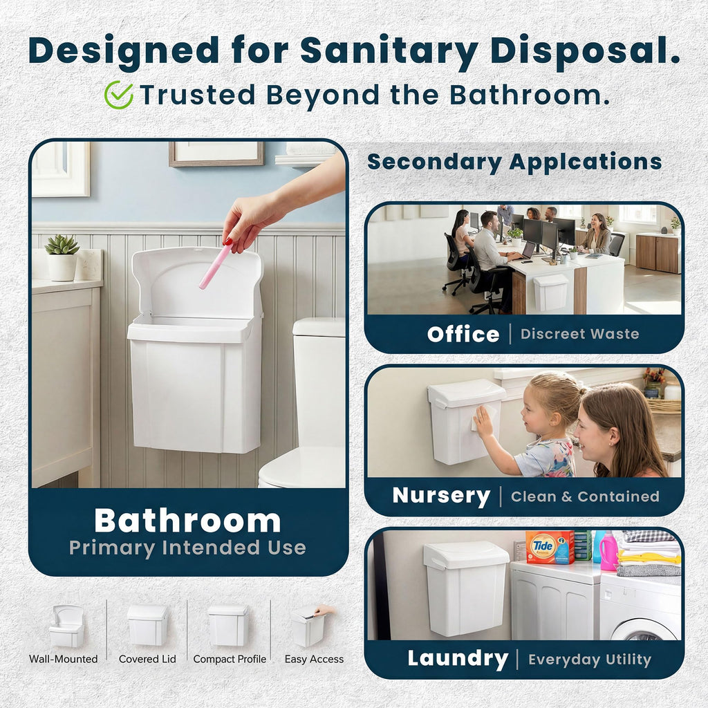 Alpine Sanitary Napkin Receptacle - Feminine Hygiene Disposal Container, Wall Mounted Trash Can with Odor Control Seal & Installation Hardware (White)