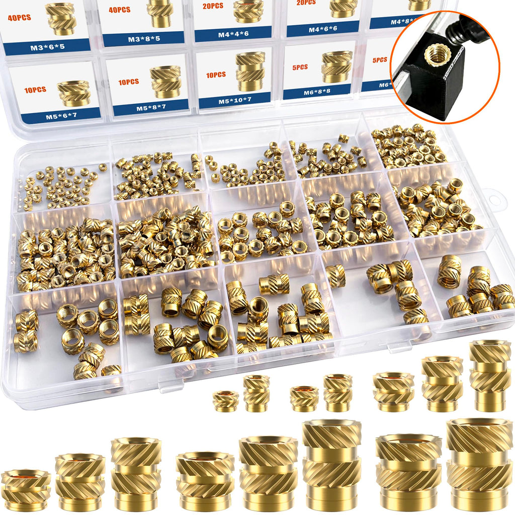 Ktehloy 400Pcs Metric Heat Set Insert, M2 M2.5 M3 M4 M5 M6 Female Thread Knurled Nuts Assortment Kit, Brass Threaded Inserts for Plastic and 3D Printing Components (Threaded Inserts Ket)