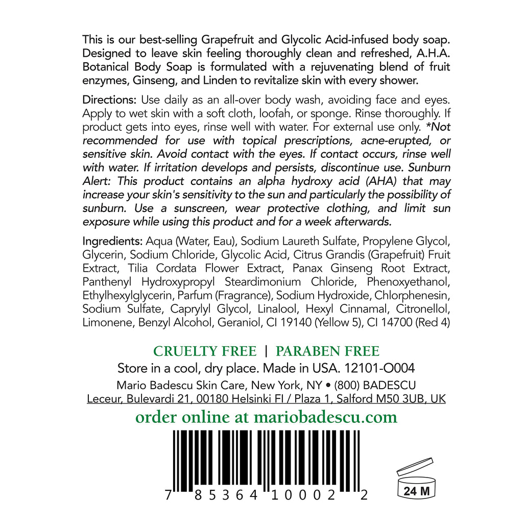 Mario Badescu AHA Botanical Body Wash Moisturizing, Clarifying and Gentle Exfoliating Body Wash for Brighter, Softer and Smoother Skin | Soap Infused with Glycolic Acid & Fruit Enzymes | 16 Fl Oz