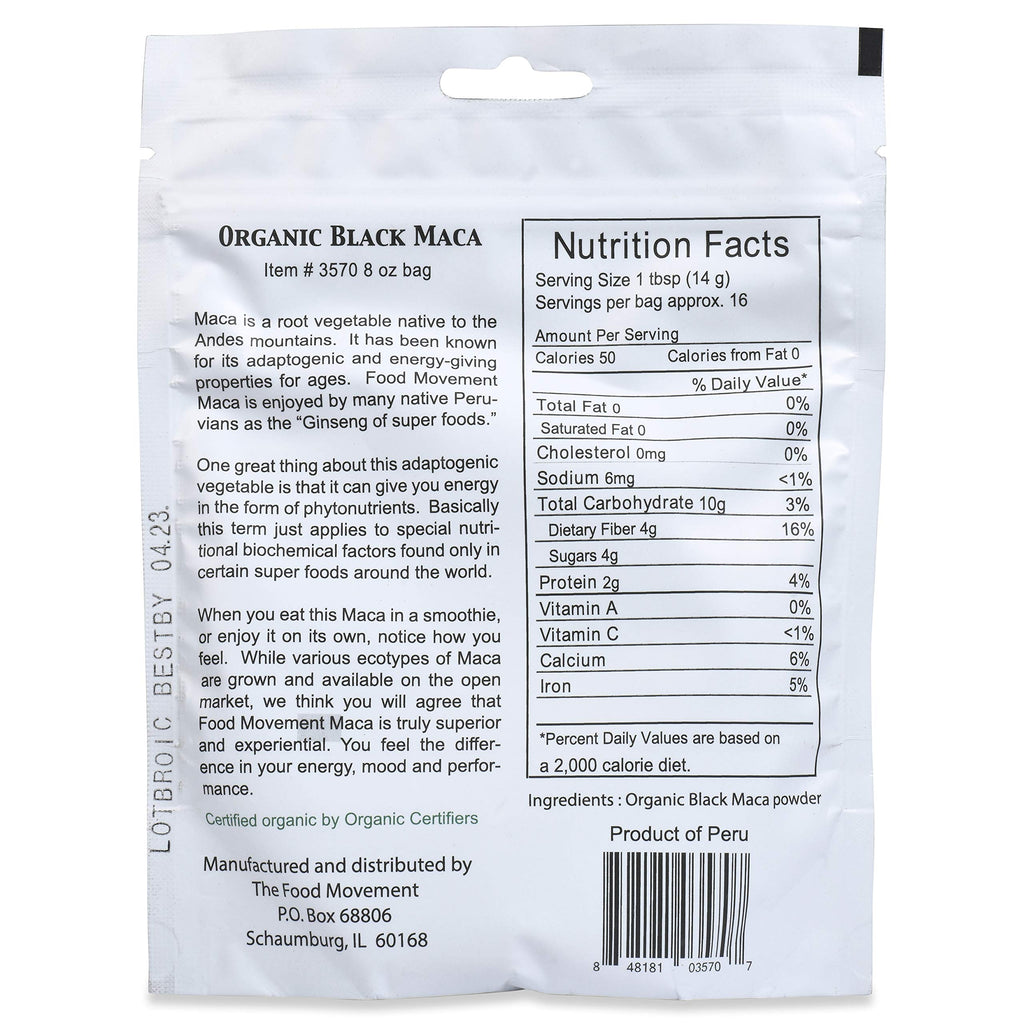 The Food Movement Co. Black Maca 8 oz Raw Food Powder - Organic, Non-GMO, Vegan, Gluten Free- Black Maca Root Supplement for Whole Body Wellness