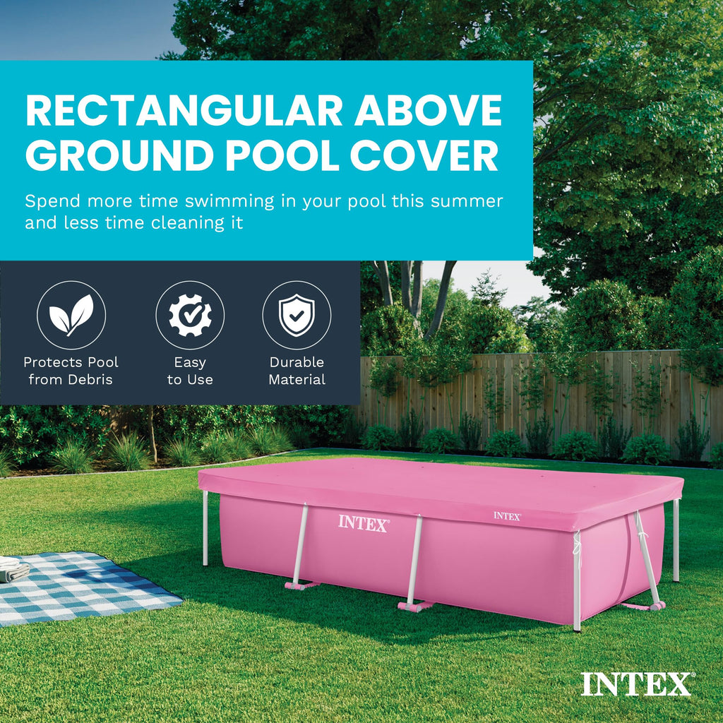 INTEX 28035E Pool Cover: for 8.5ft x 5.3ft Rectangular Metal Frame Pools – Includes Rope Tie – Drain Holes – 12in Overhang – Snug Fit