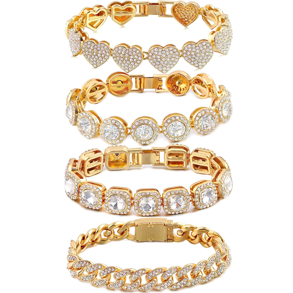 shopbyskyler 4PCS Gold Bracelets for Women Silver Clustered Tennis Bracelet for Women Heart Round Diamond Cuban Bracelet Layered Link Bracelet Set Fashion Jewelry for Women Set (Gold, 7inch)
