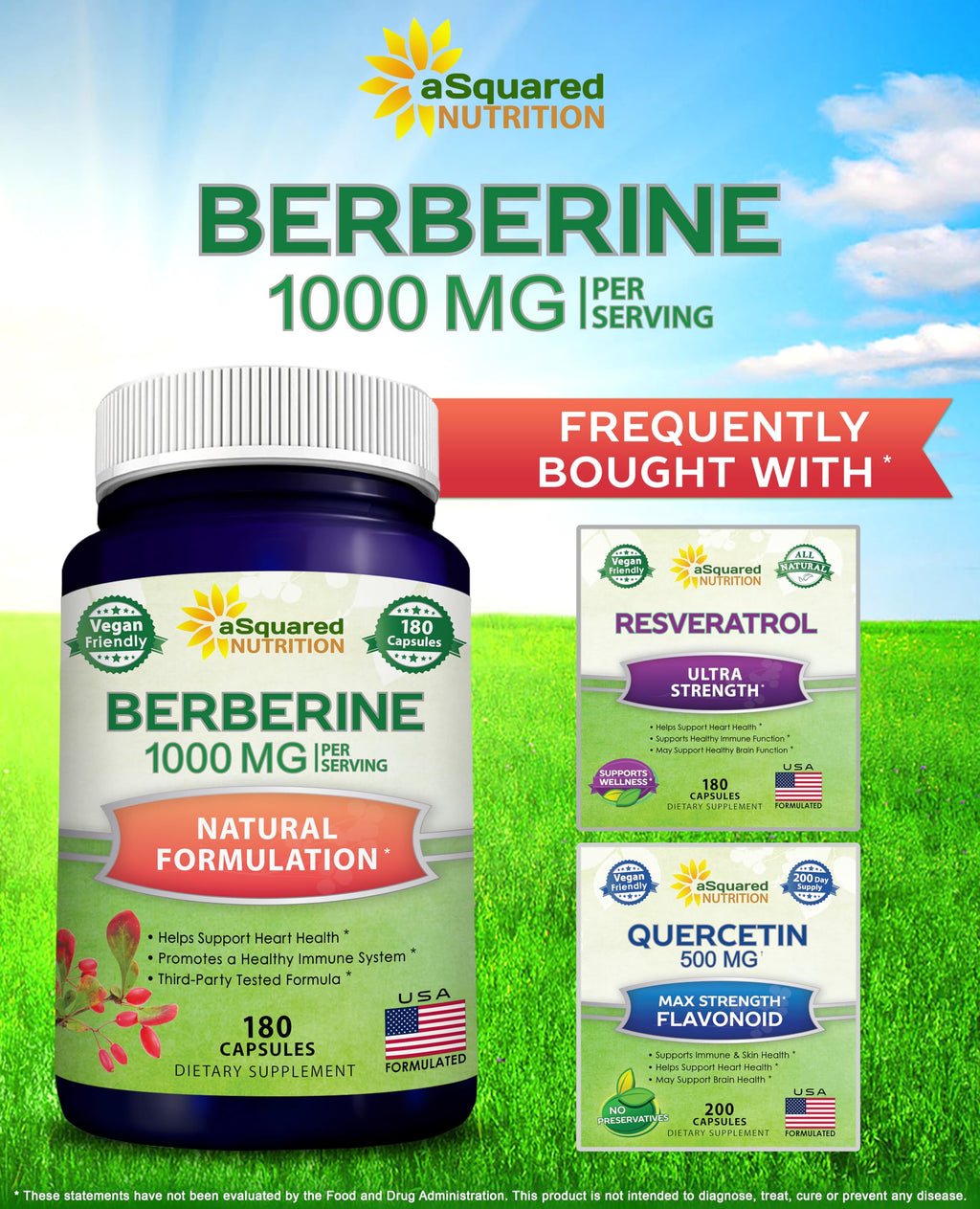 aSquared Nutrition Pure Berberine 1000mg Supplement - 180 Veggie Capsules, Natural Berberine Hydrochloride HCL Plus, Max Strength 1000 mg (2X 500mg), Potent Berberine Vegan Extract