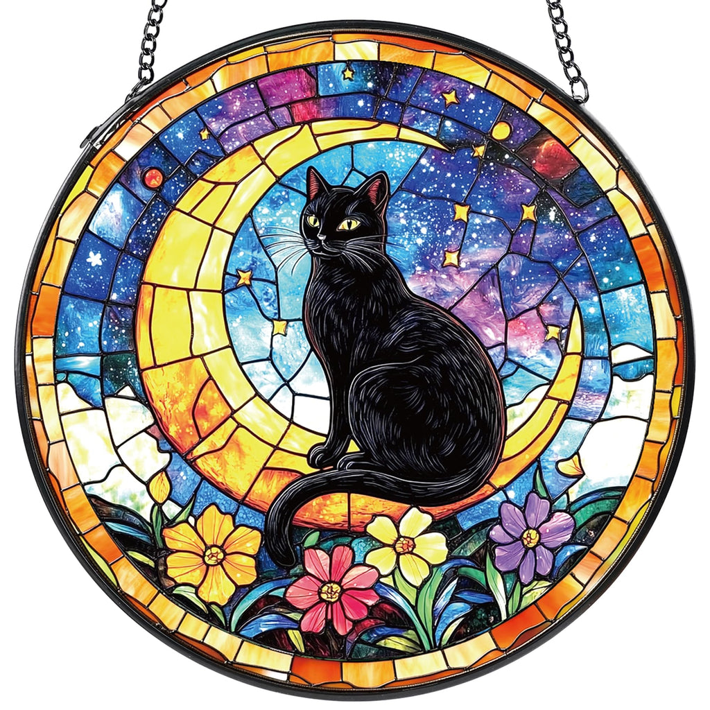Black Cat Stained Glass Window Hanging, Cat Gifts for Women Moon and Stars Suncatcher with Metal Chain and Hooks, Sun Catcher Glass Art for Indoor Window Decor