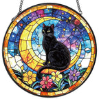 Black Cat Stained Glass Window Hanging, Cat Gifts for Women Moon and Stars Suncatcher with Metal Chain and Hooks, Sun Catcher Glass Art for Indoor Window Decor