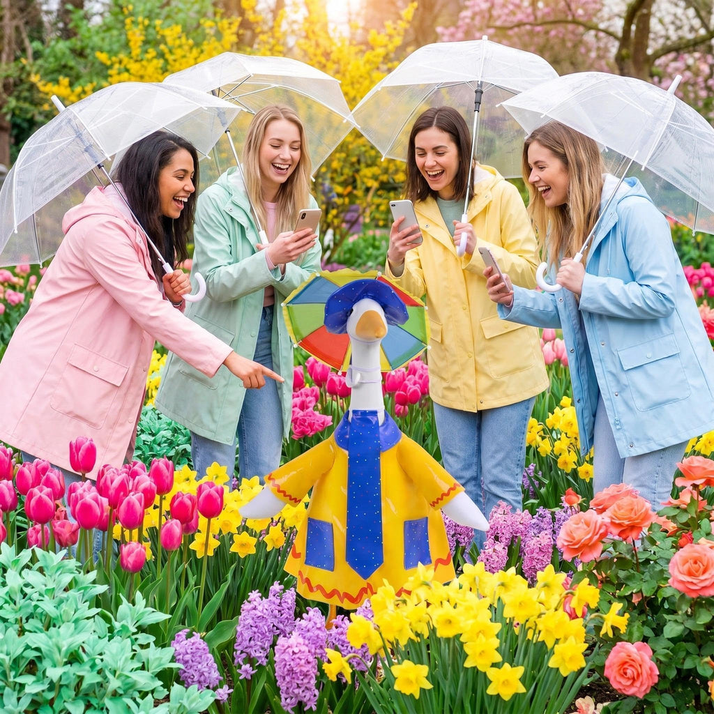 yuboo 23-Inch Porch Goose Raincoat Outfit - Summer Yellow Goose Clothes with Blue Pockets & Red Trim,Rainbow Umbrella Hat, Blue Sun Hat & Polka Dot Tie - Funny Garden Decor for Lawn & Yard