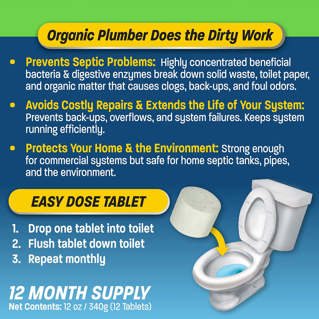 Organic Plumber Septic Tank Cleaner Treatment, Bacteria x Natural Enzyme Flushable Bio Tabs, Rid Sewage Waste & Clean Field System, 1 Year of Tablets