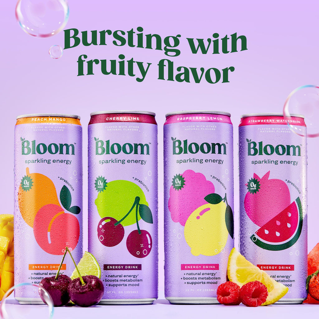 Bloom Nutrition Sparkling Energy Drink, Variety, 180mg Caffeine 12oz 12 Pack