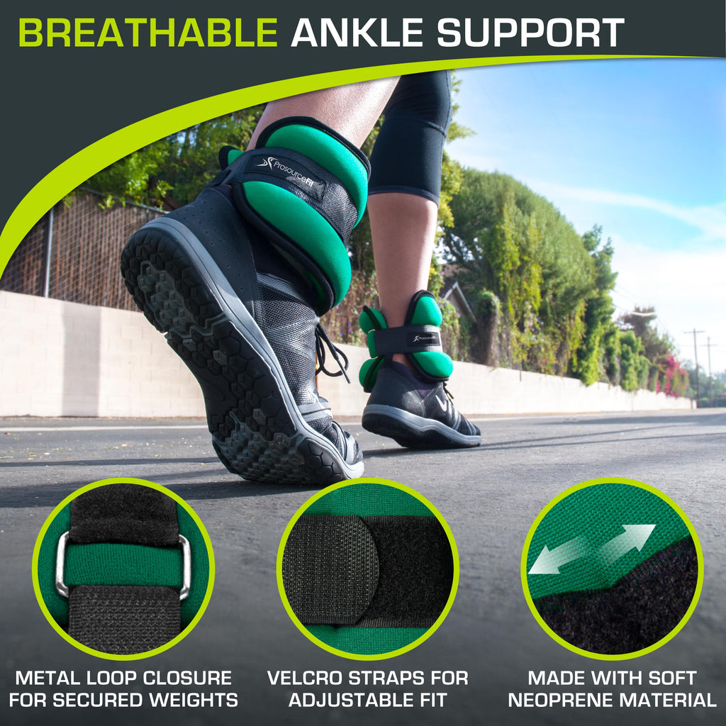 ProsourceFit Ankle / Wrist and Arm / Leg Weights Set of 2, Adjustable Strap for Men and Women, Green 1 LB