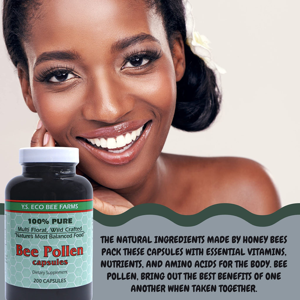 Y.S. Eco Bee Farms 100% Pure, Wild Crafted Bee Pollen Capsules - Organic Bee Pollen Vitamin Supplements Amino Acids, Organic Protein, Vitamin C, Vitamin B12 Gluten Free - 200ct with Bonus Key Chain