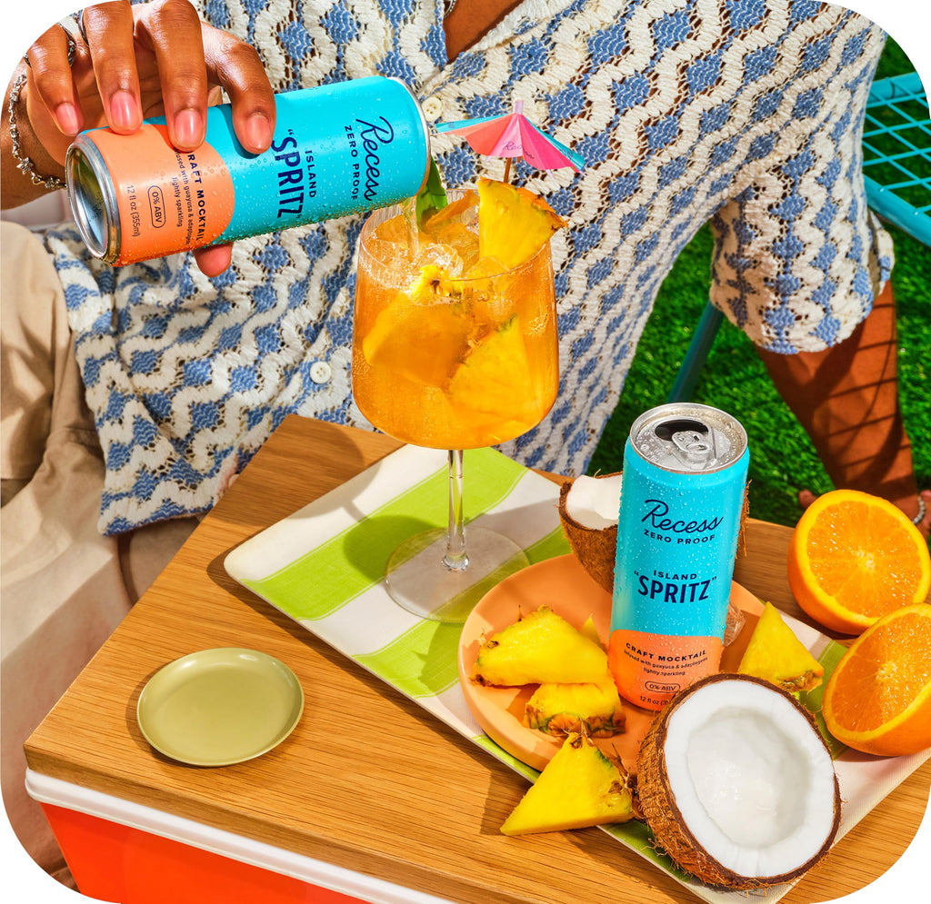Recess Zero Proof Craft Mocktails, Alcohol Free Drinks, With Adaptogens, Non-Alcoholic Beverage Replacement, Mixer, Celebration, Party, (Island Spritz, 12oz, Pack of 12)