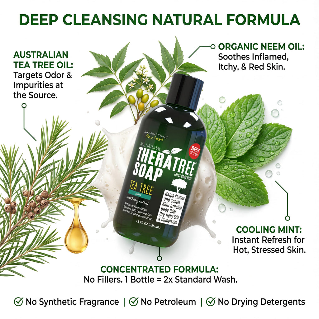 Oleavine TheraTree Tea Tree Oil Soap with Neem Oil - 12oz - Helps Skin Irritation, Body Odor, & Helps Restore Healthy Complexion for Body and Face TheraTree