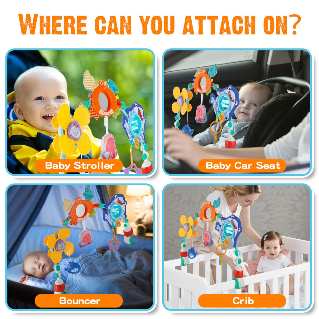 Baby Stroller Arch Toy, Car Seat Toys, Adjustable Arch Stroller toy with Hanging Sensory Activity toys,fits on Baby Bouncer, Bassinet, Stroller, Crib and Car Seats for baby infant Boy Girl 0-18 Months