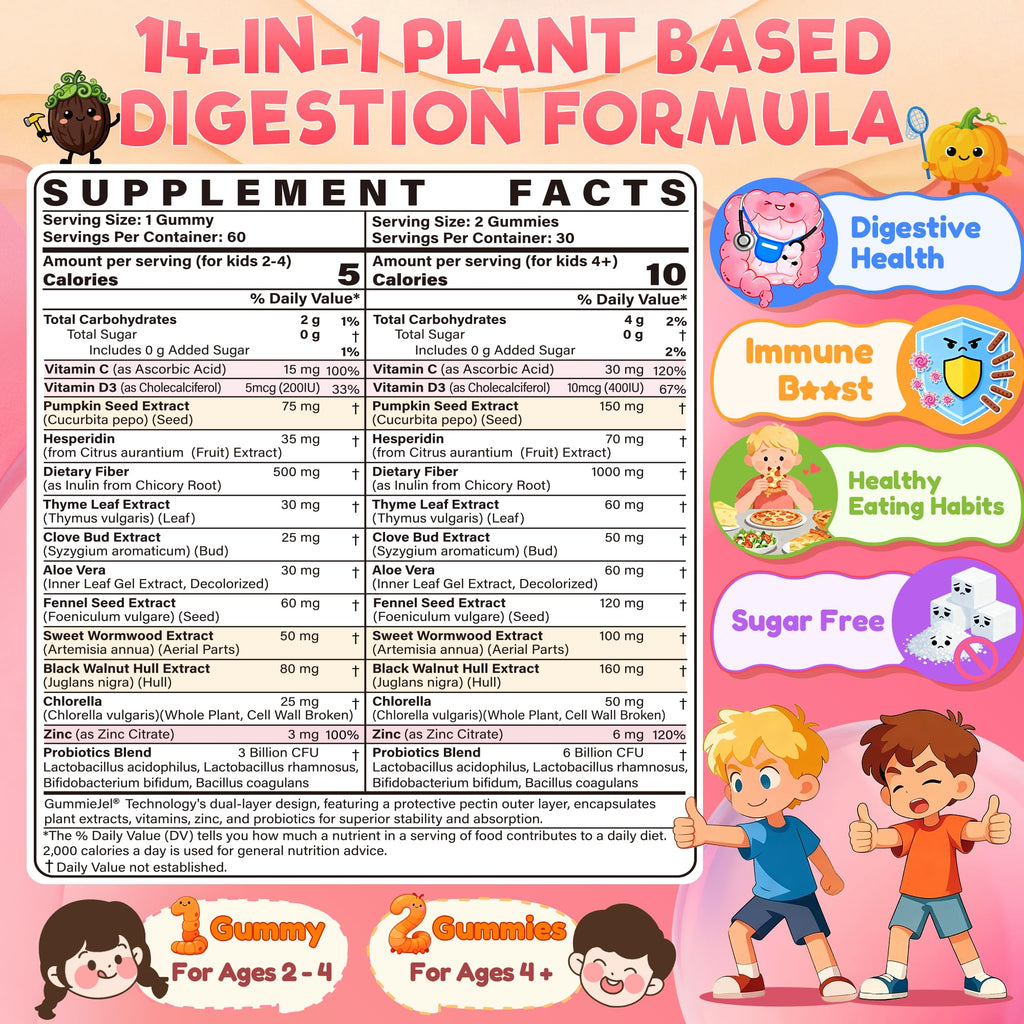 Toddler 2-4 & Kids 4+ Para Clean Gut Health Gummies for Children w/Wormwood, Black Walnut, Clove, Pumpkin Seeds, Vitamin C, D3, Zinc, Kids Natural Gut Cleanse Immune Support Digestive Supplement-60cts