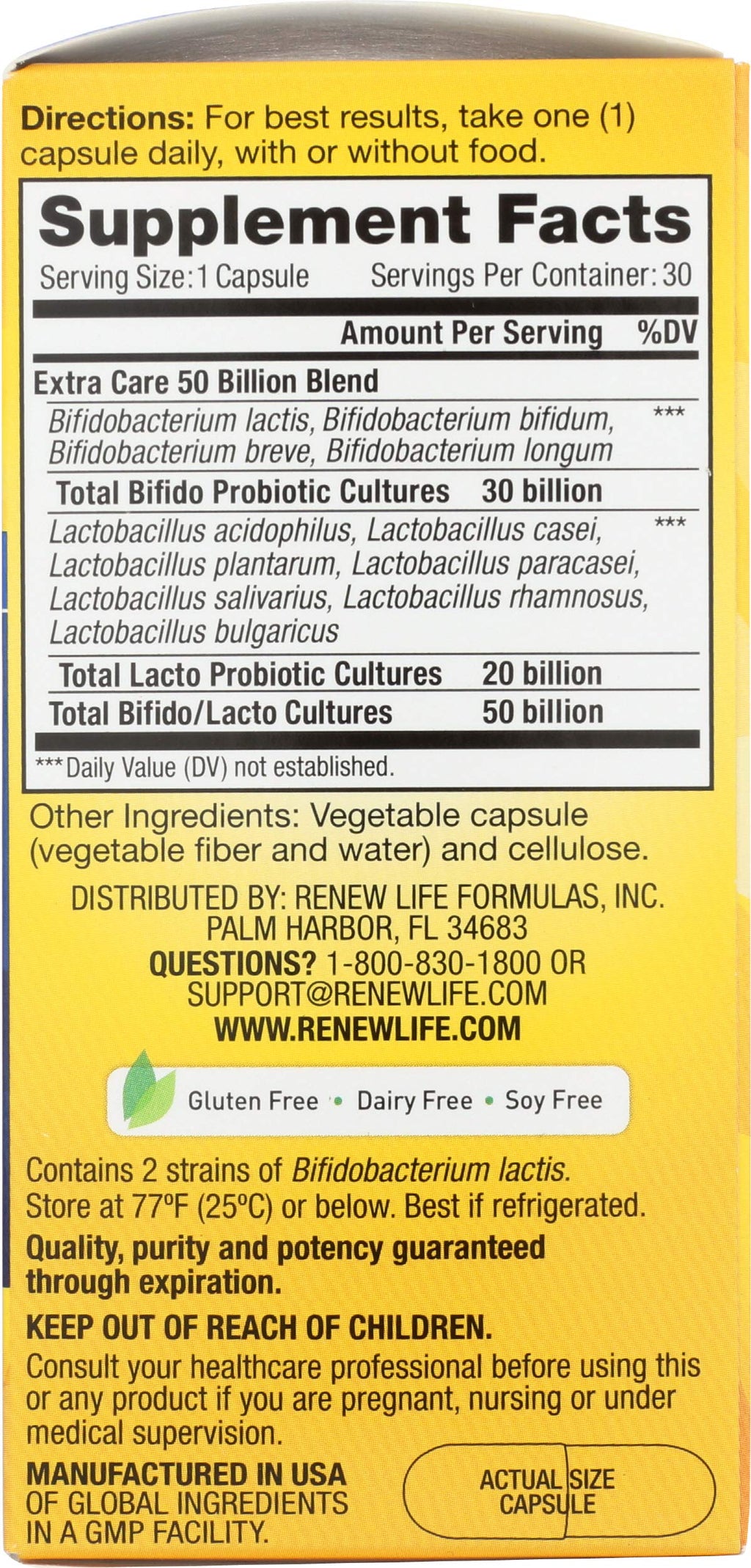 Renew Life Extra Care Digestive Probiotic Capsules, 50 Billion CFU Guaranteed, Daily Supplement Supports Immune, Digestive, Respiratory Health(1), L. Rhamnosus GG, Dairy, Soy and Gluten-Free, 30 Count