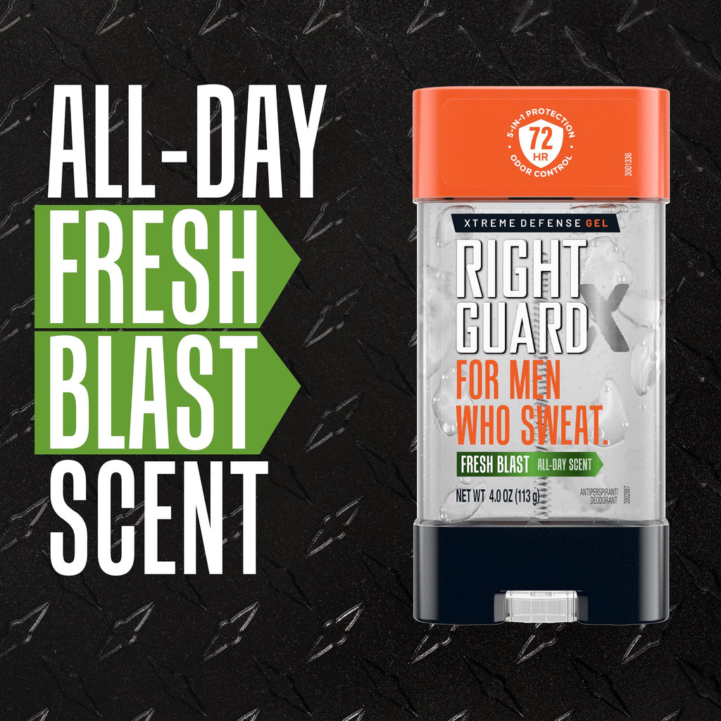 Right Guard Xtreme Defense Antiperspirant Deodorant Gel, Fresh Blast Scent - 5-in-1 Deodorant Men Can Trust, 72-Hour Odor Control, Invisible Gel for Men, 4 oz (4 Pack)