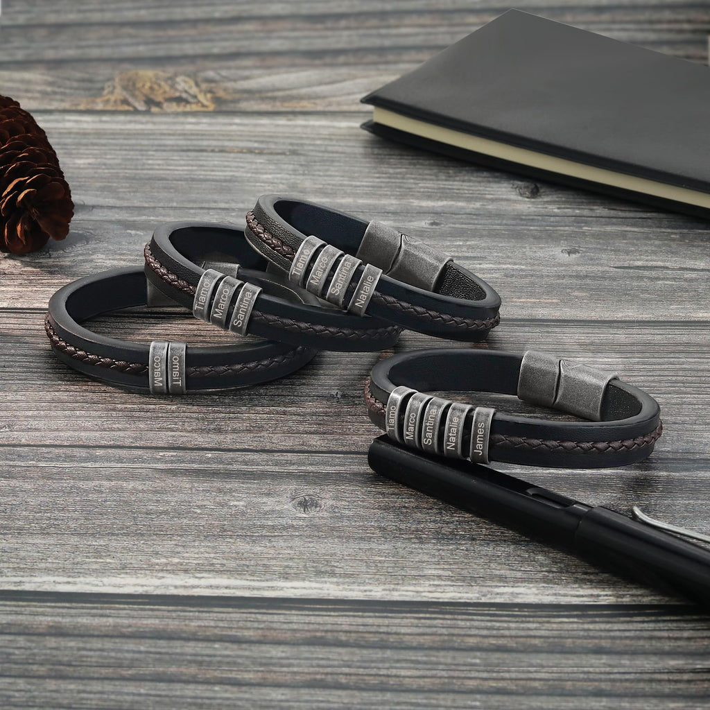 Jeweidea Gifts for Father's Day Personalized Leather Bracelet with Name Beads, Custom Braided Bangle Engraved Jewelry for Men Dad Him Husband (2 Names)