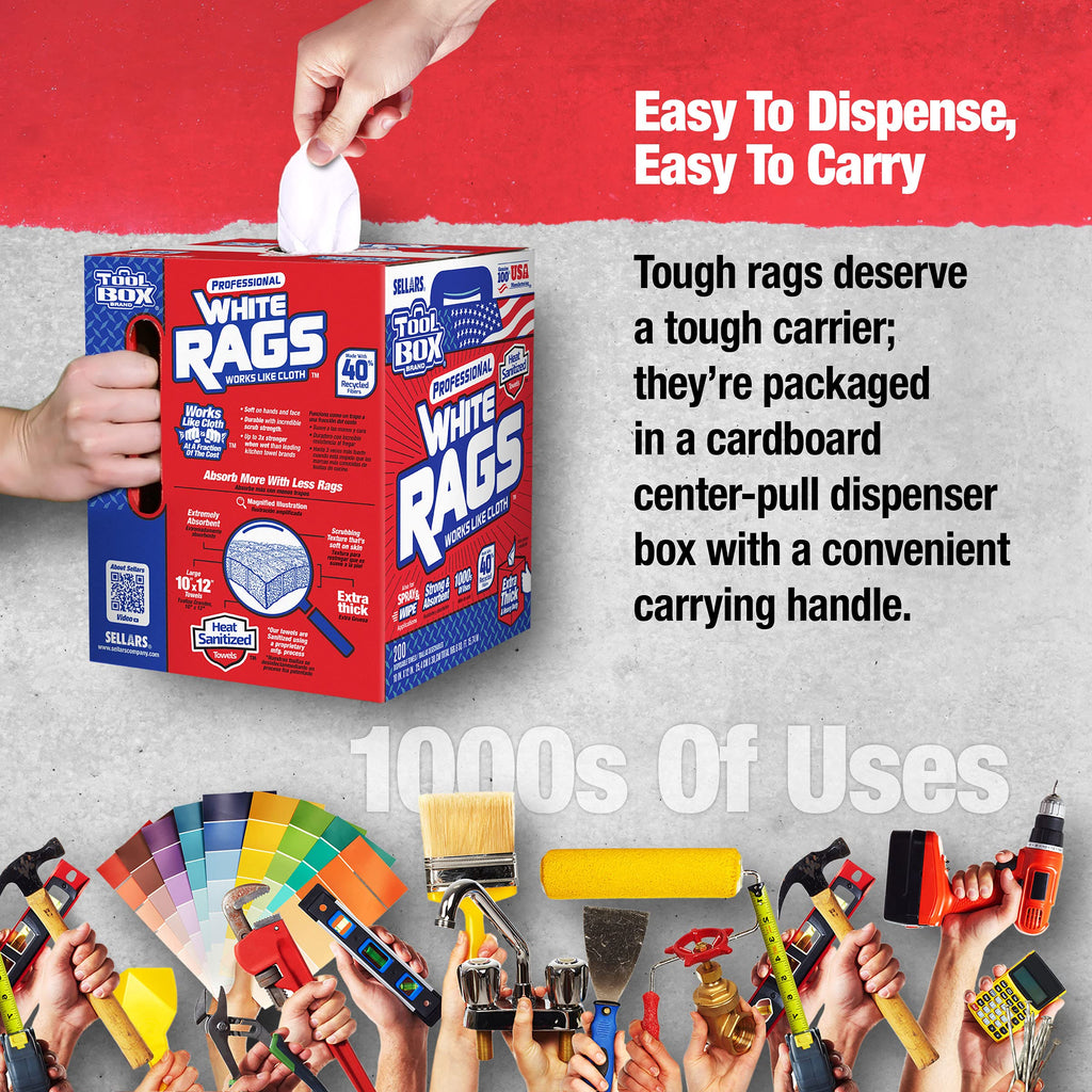 Sellars 58202 ToolBox White Rags Box, 10" x 12" (6 Boxes of 200 Sheets)