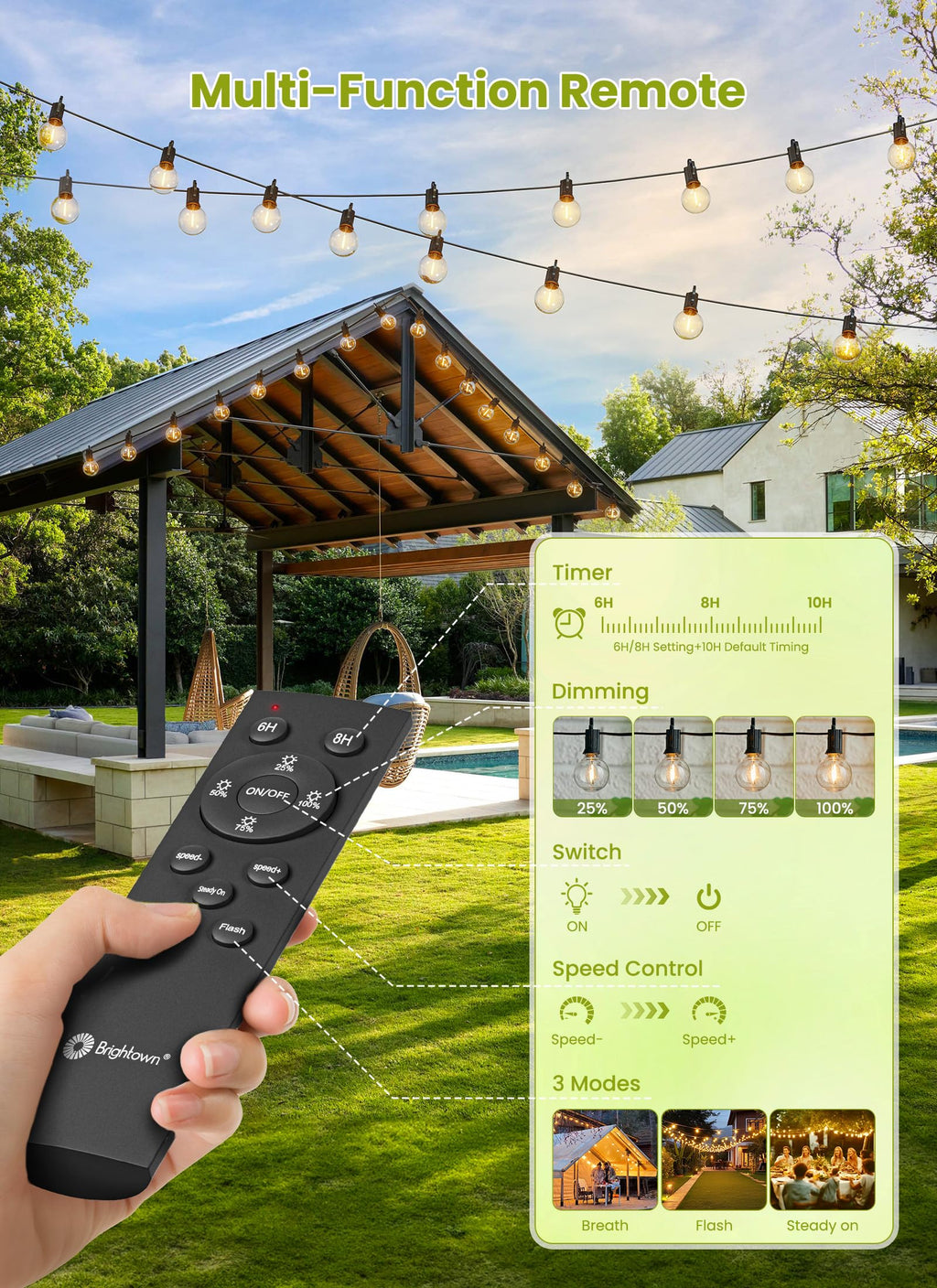 Brightown 75FT Solar String Lights Outdoor Waterproof with Remote, Solar Patio Lights with 35 Shatterproof LED Bulbs, 3 Light Mode, Dimmable & Timer, Hanging String Lights for Porch Garden Bistro