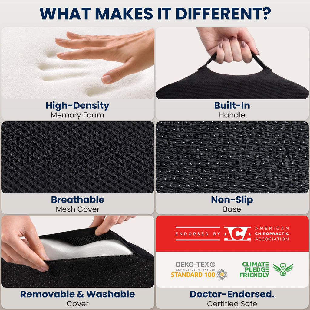 5 STARS UNITED Seat Cushion - Memory Foam for Tailbone Pain Relief - Ergonomic Support for Coccyx, Sciatica & Butt - Wheelchair, Office, Desk & Gaming Chair, Car Seat, Airplane, Black