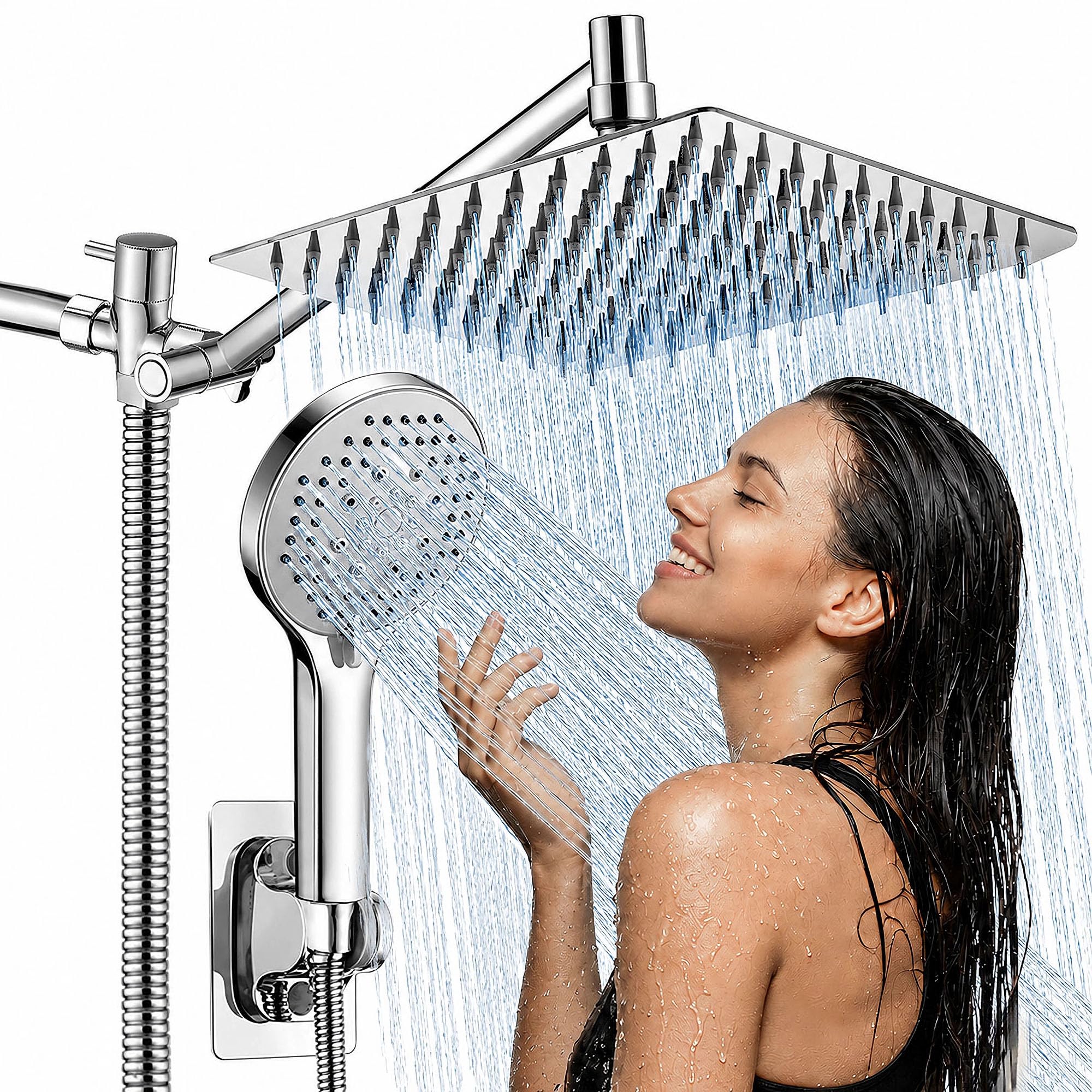Shower Head High Pressure,10" Rain Shower Head With Handheld Spray Combo, Shower Heads with Hose and 11'' Angle Adjustable Extension Arm, Waterfall Showerhead, Dual Detachable Shower Head
