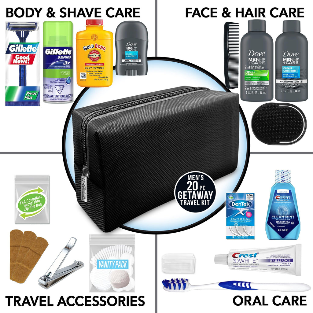 Convenience Kits International Men’s Premium 20-Piece Kit with Travel Size TSA Compliant Essentials, Featuring: Dove Men & Care Products in Black Dopp Bag