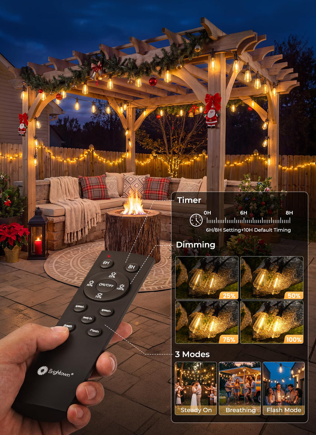 Brightown 52FT Solar String Lights Outdoor Waterproof, Patio Lights with Remote & Timer, USB/Solar Powered Dimmable Outdoor Lights, 15+1 LED Bulbs for Backyard Garden Camping Party - 26Hrs Runtime