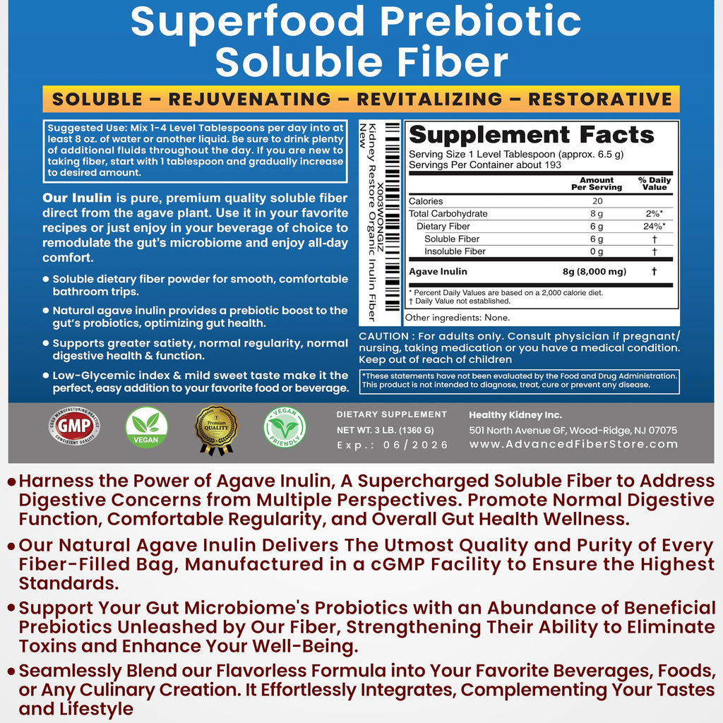 Organic Inulin Powder (48oz/3 lbs) Gentle Agave Prebiotic Soluble Fiber Supplement for Digestive Support, Gut Health, Vegan Baking, Smoothies & Drinks