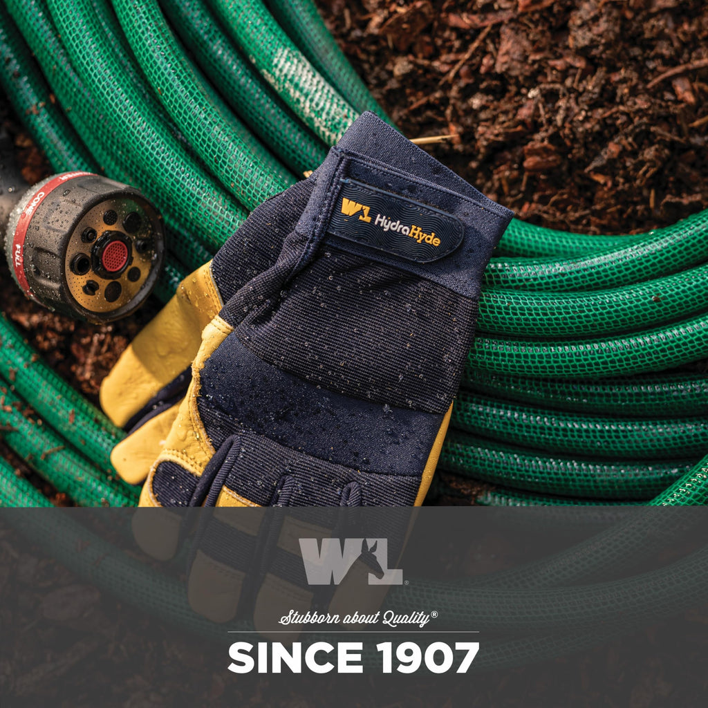 Wells Lamont Men's Leather Palm Work Gloves – HydraHyde Water-Resistant Leather, Flexible Spandex Back, Adjustable Closure – Ideal for Construction, Landscaping, DIY Projects – Blue, X-Large (3207XL)