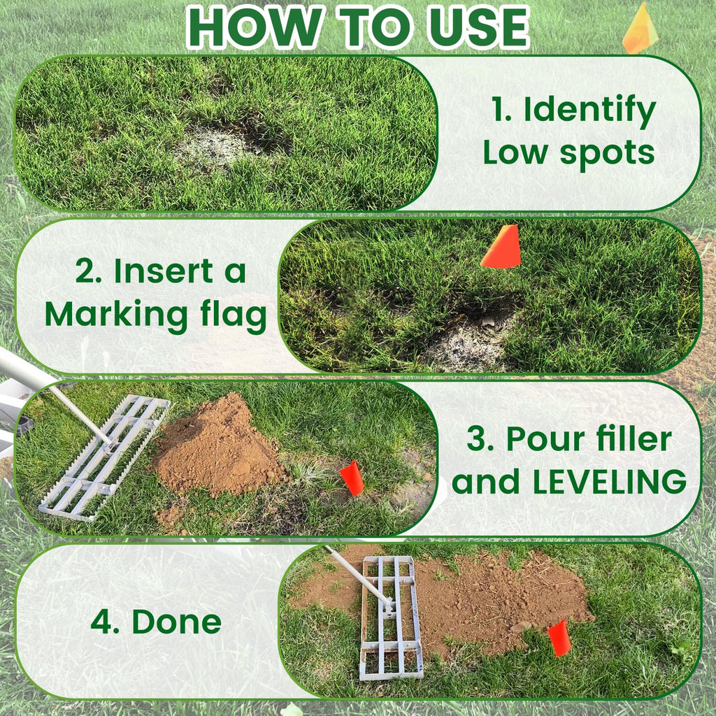 2-in-1 Lawn Leveling Rake, 20 Marking Flags for Low Spot,30"×10" Heavy Duty