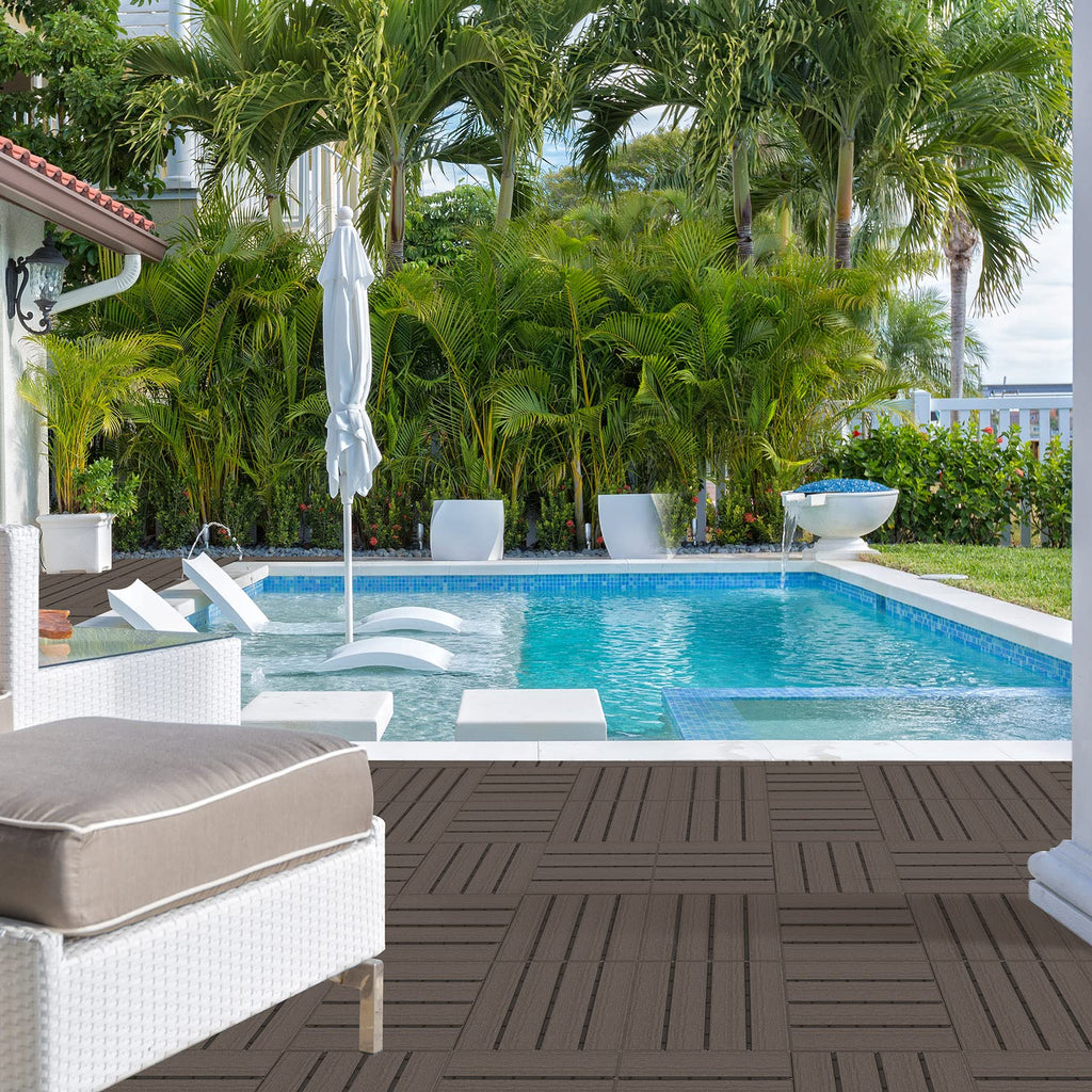 Goovilla Plastic Interlocking Deck Tiles, 9 Pack Balcony Flooring, 12"x12" Waterproof Outdoor Flooring All Weather Use, Patio Floor Decking Tiles for Porch Poolside Backyard Concrete, Dark Coffee