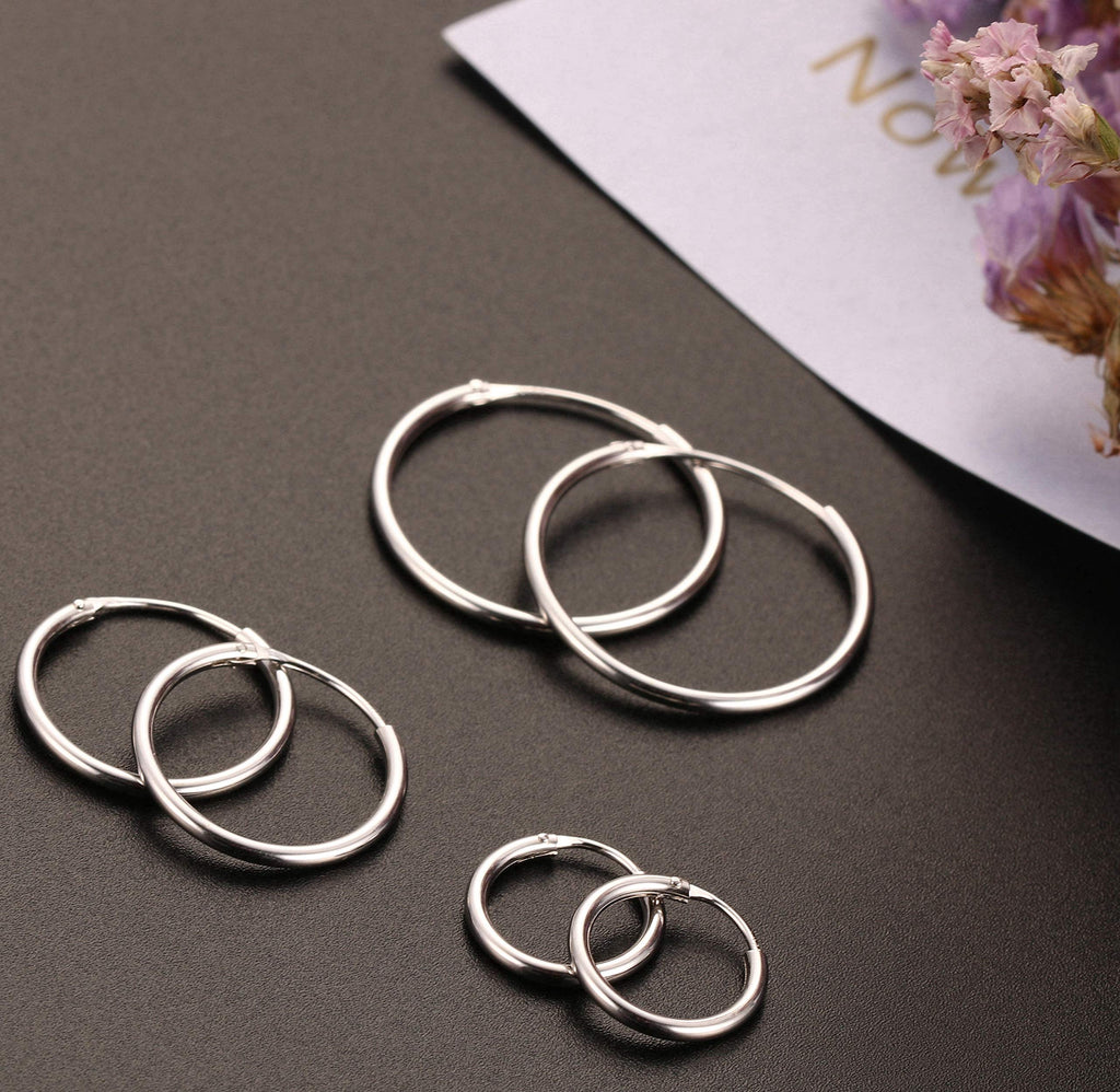 Sllaiss 3 Pairs 925 Sterling Silver Small Hoop Earrings For Women Men Round Endless Hoop Earrings Set Lightweight 10MM 15MM 20MM (Set 1：10MM 15MM 20MM)