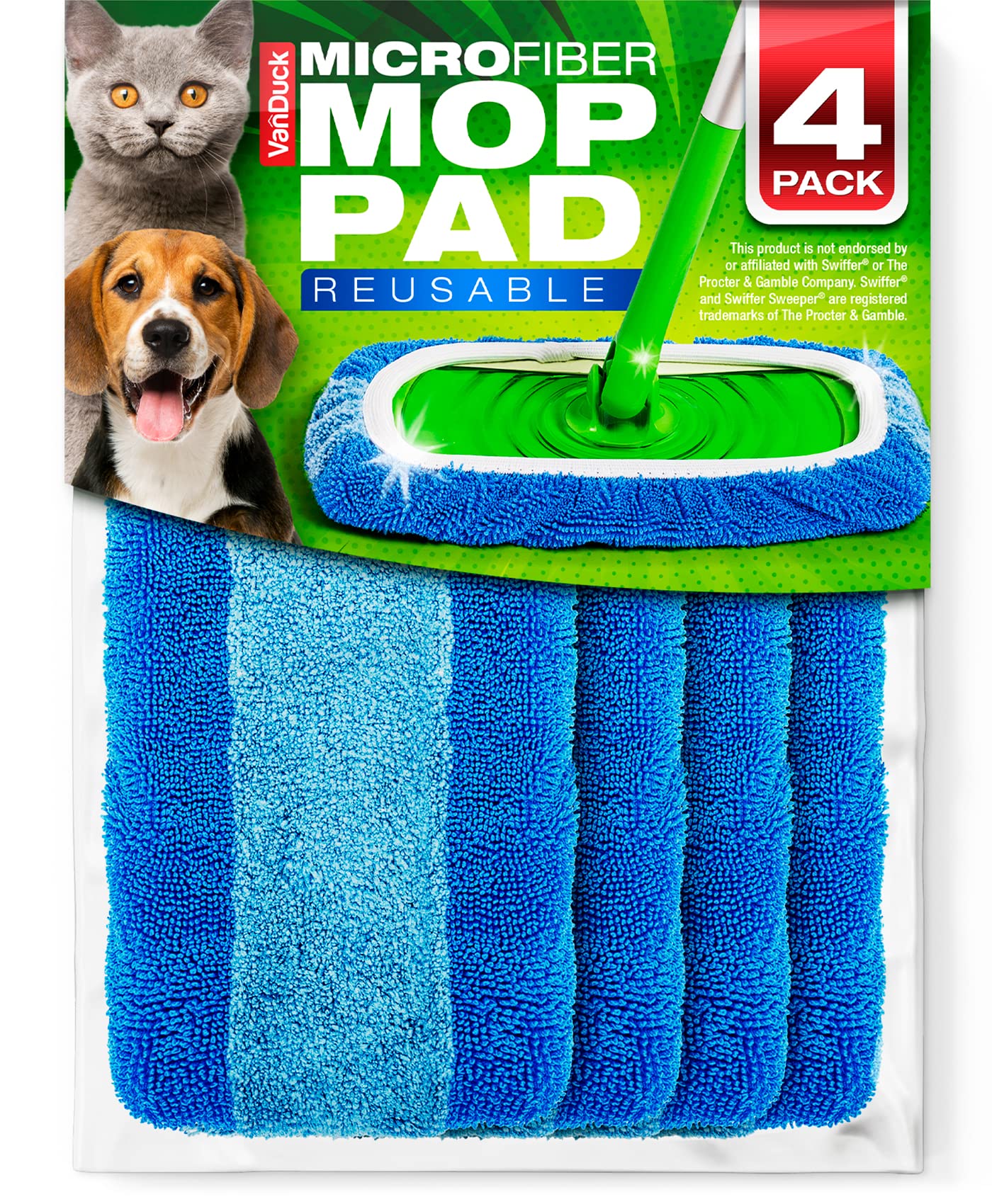 VanDuck Reusable Pet Heavy Duty Mop Pads Compatible with Swiffer Sweeper (4-Pack) - Washable Microfiber Mop Pads for Wet & Dry Use - All Purpose Floor Mopping and Cleaning Product