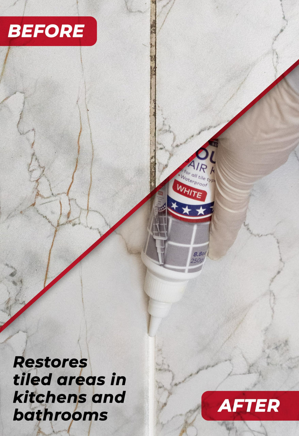 Tile Grout Repair, White 8.8 oz/250gr. Fast Drying Grout Repair Kit, Grout Filler Tube Repair Kit, Tile Grout Paint, Grout Sealer Restore and Renew Bathroom Floor, Tile Gaps, Joints, Lines