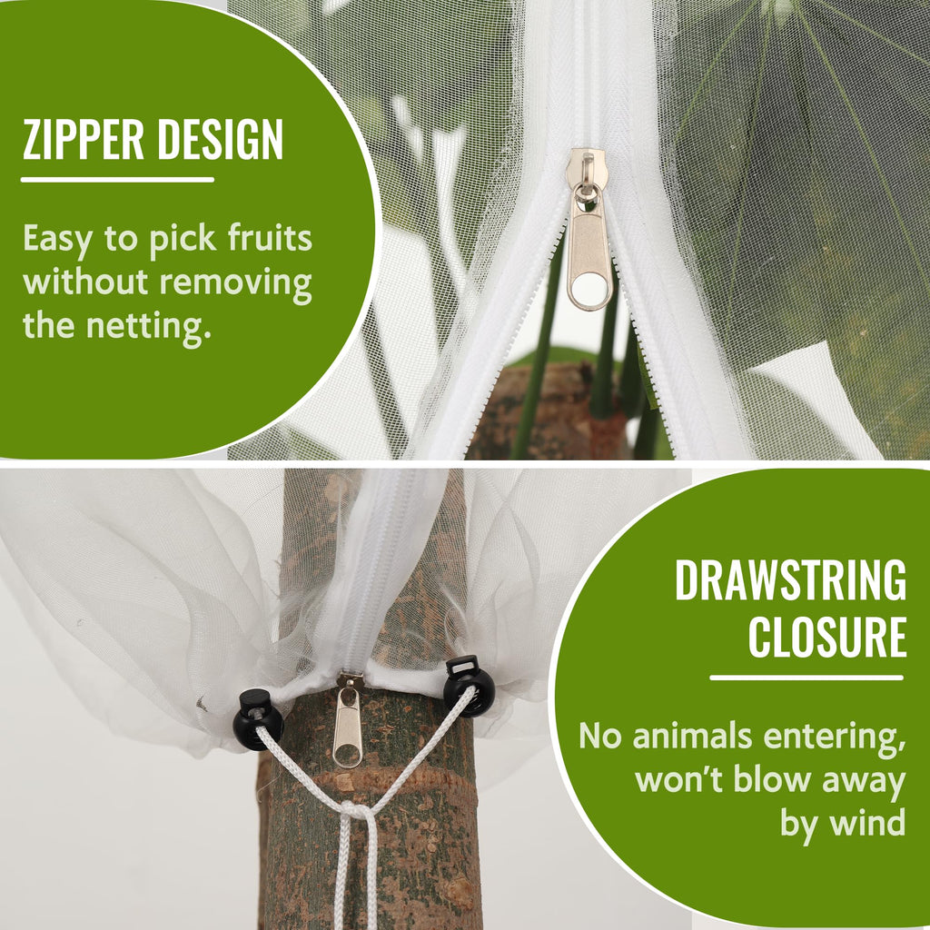 Homiton 2 Pack Fruit Tree Netting Bags with Zipper and Drawstring, 4 x 5ft Ultra Fine Mesh Garden Netting Plant Cover, Bird Netting for Blueberry Bushes, Fruit Trees, Flowers (White, 4 x 5 ft)