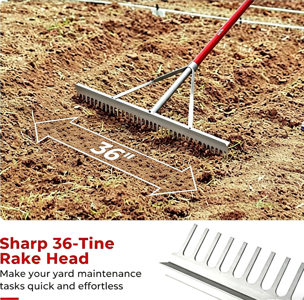 KYLIN 36 Inch / 36 Tines Aluminum Landscape Rake with 66 Inch Extra-Long Handle, Versatile Rake for Lawn Care,Loosening Soil, Weeding, Leveling Gravel, Beach Sand - Lighweight & Rust Proof