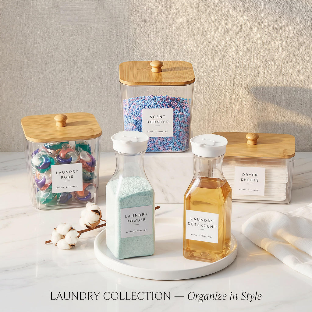 cocolanco 3+2 Pack Laundry Pods Containers & Dryer Sheet Holder & Laundry Detergent Dispenser, Laundry Room Organization and Storage Jars with Lids, Labels and Scoops for Scent Booster, Powder, Pods