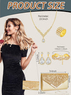Henoyso 5 Pcs Rhinestone Jewelry Sets Prom Purse for Women, Gold