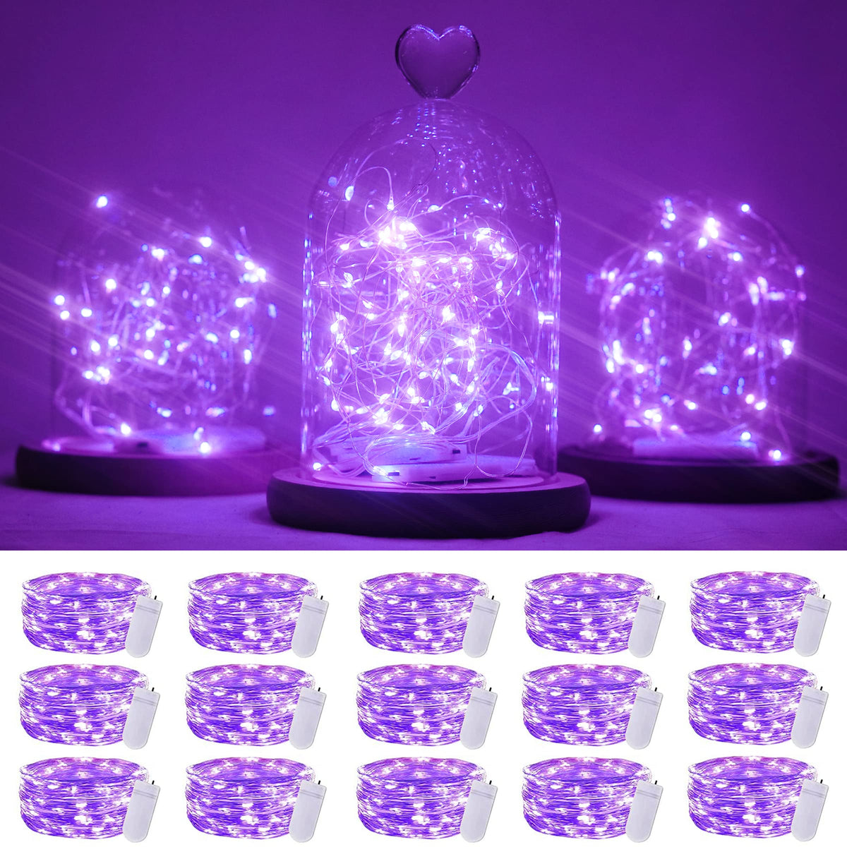 SmilingTown 15 Packs 20 Led Purple Fairy Lights Battery Operated 6.6ft Silver String Lights Waterproof Firefly Starry Light for DIY Table Centerpieces Wedding Halloween Christmas Party Decor