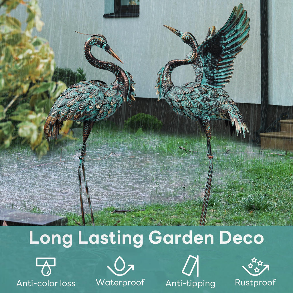 Large Garden Statues Set of 2, Metal Crane Sculptures, Bronze Heron Outdoor