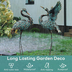 Large Garden Statues Set of 2, Metal Crane Sculptures, Bronze Heron Outdoor